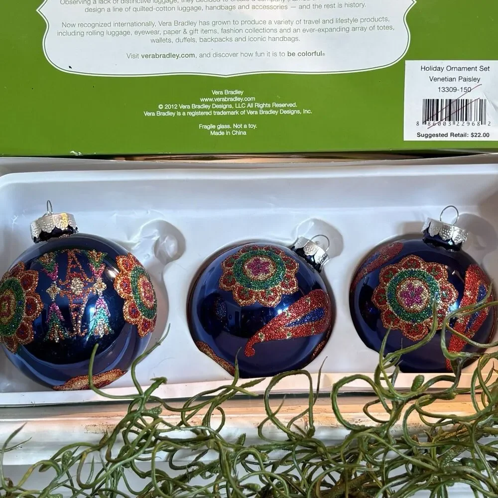 Set Boho Vera Bradley Glass Ball Ornaments Pink Eclectic Blue Pink Paisley 2012
